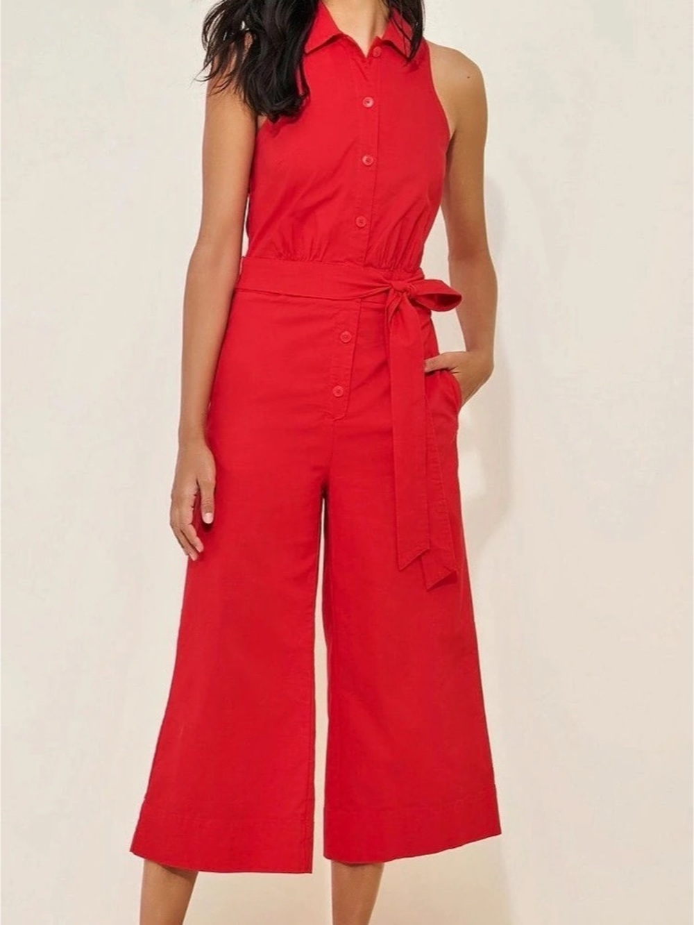 Anthropologie Maeve Cropped Wide-Leg Shirting Jumpsuit Red Size 14